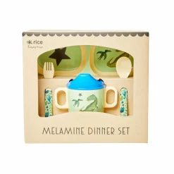 Rice Melamine Baby Spisesaet Green Dinosaurs